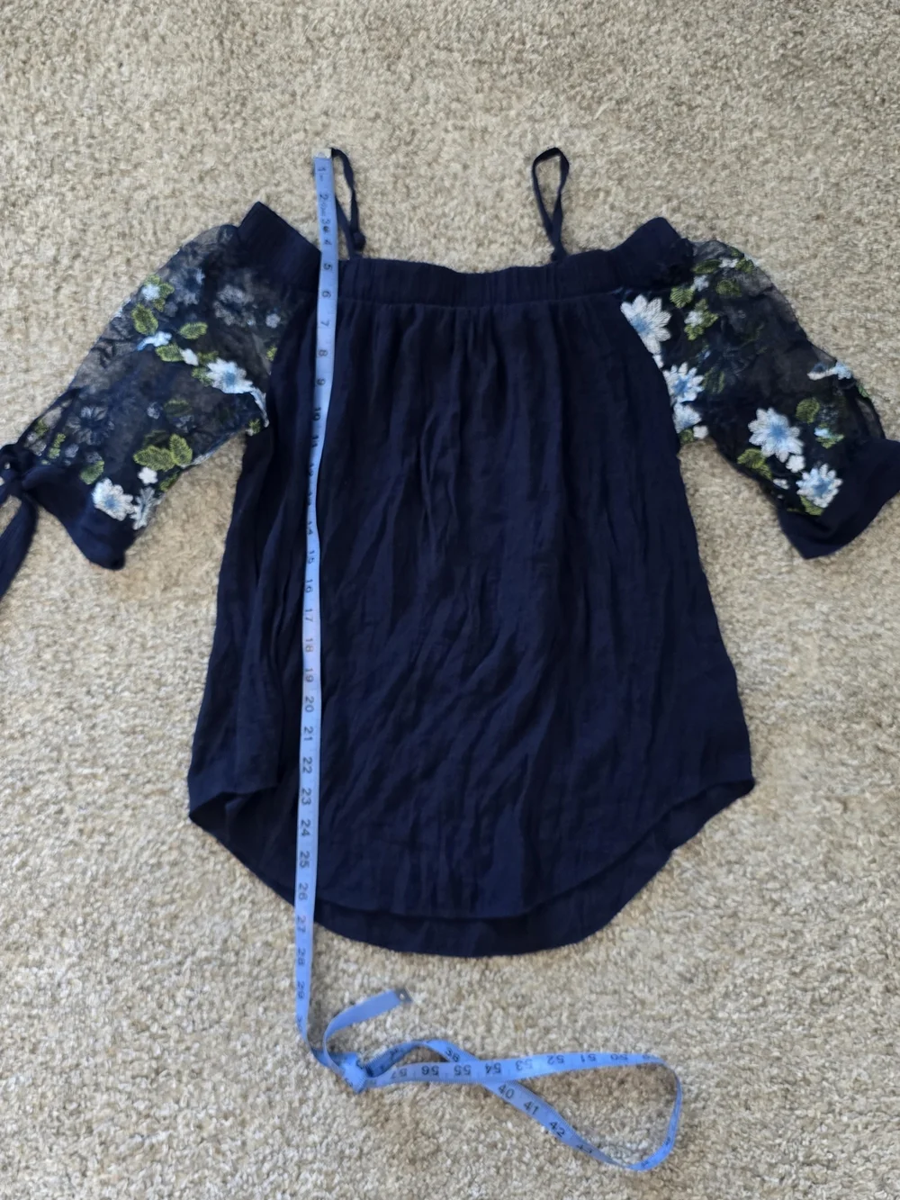 A. Byer Navy Off-Shoulder Camisole with Blue and Green Floral Embroidery